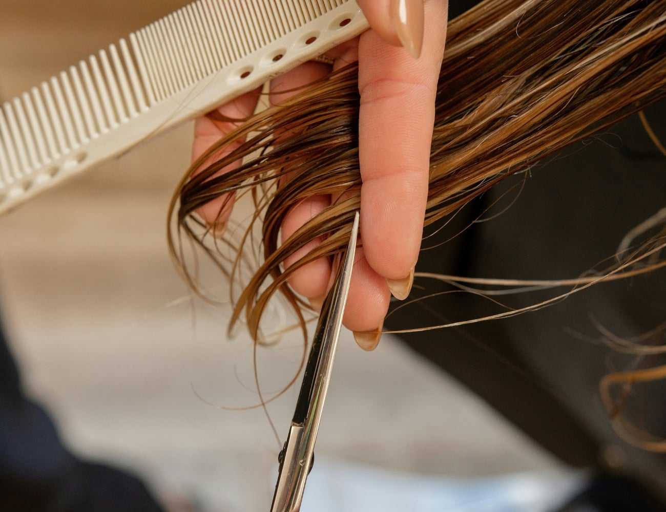 Close-up of a person trimming brown hair with scissors and a white comb.